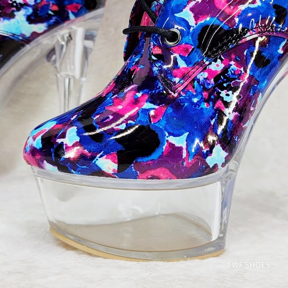 Bulls Cobalt Multi Color Print Patent OTK Clear Platform High Heel Thigh Boots - Picture 12 of 13